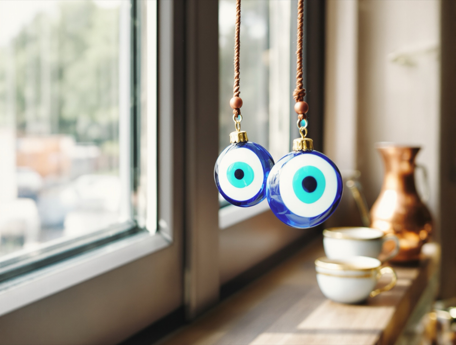 A blue and white glass nazar bead hanging by a sunlit window, with a copper cezve and gold-rimmed coffee cups on the sill