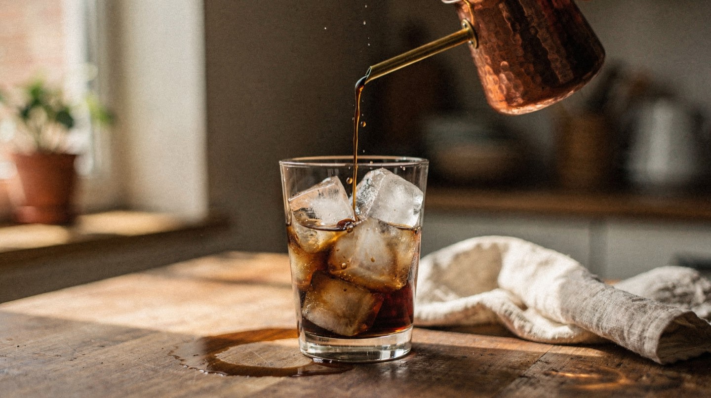A stream of dark coffee being poured from a copper cezve over ice cubes in a tall glass