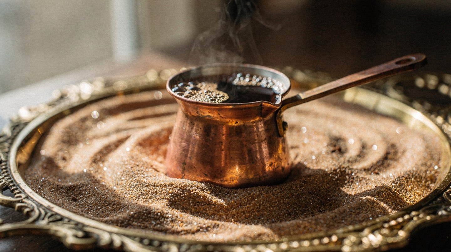 A copper cezve heating in a bed of hot sand on a brass tray