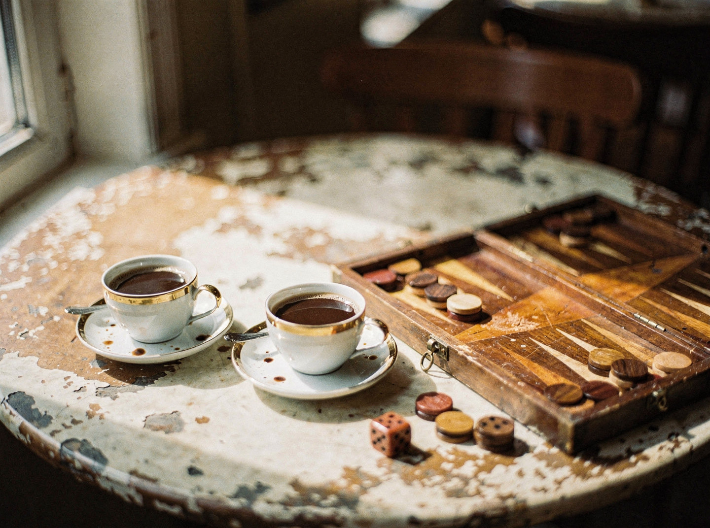 Two small gold-rimmed cups of Turkish coffee on a worn, paint-chipped round table beside an open backgammon board